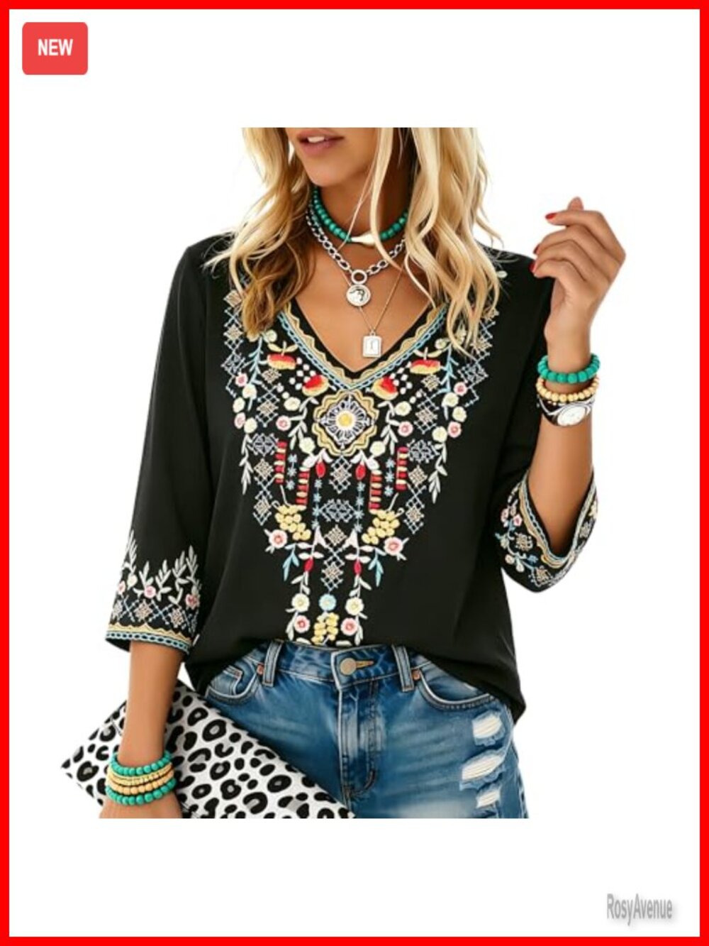 Higustar Women's Embroidered Tunic Top Boho Peasant Blouse 3/4 Sleeve V-Neck